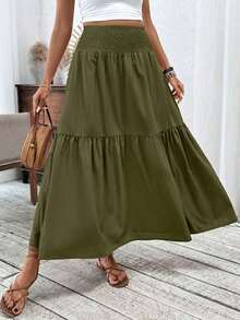 Women's Long Ditsy Floral Skirt, Casual Elastic Waist With Pockets, Ruffle Hem, A-Line Skirt For Summer Spring - 軍綠色 - 查看 2