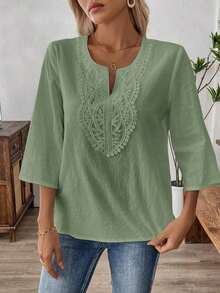 Blusas casuales de mujer de manga larga con escote en pico en unicolor, blusas de manga tres cuartos - verde menta - Ver 5