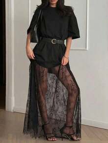 Vestido casual de mujer con parches de encaje de manga corta (sin cinturón), vestido de punto de unicolor con parches de encaje para uso diario, oficina, citas, la longitud y el tamaño se pueden ajustar con un cinturón, el estilo casual es holgado, se sugiere pedir una talla menos.Elegante - Negro - Ver 2