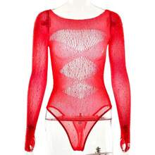 Rhinestone Sheer Mesh Lingerie Costume Set, Sparkling Hot Drill Decor Design, Pure Aesthetic See Through Perspective Style, Elegant Dance Performance Outfit, Soft Stretchy Skin Fabric, Seductive Fitted Tailored Cutting, Glamour Shiny Rhinestone Accents, Flirty Boudoir Tempting, Multi Purpose Themed Uniform Wear, Lightweight Breathable Daily Loungewear, Romantic Intimate Bedroom Attire,  Stylish Stage And Lounge Costume For Women - T330大紅簡裝 - 查看 1