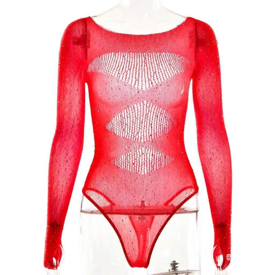 Rhinestone Sheer Mesh Lingerie Costume Set, Sparkling Hot Drill Decor Design, Pure Aesthetic See Through Perspective Style, Elegant Dance Performance Outfit, Soft Stretchy Skin Fabric, Seductive Fitted Tailored Cutting, Glamour Shiny Rhinestone Accents, Flirty Boudoir Tempting, Multi Purpose Themed Uniform Wear, Lightweight Breathable Daily Loungewear, Romantic Intimate Bedroom Attire, Stylish Stage And Lounge Costume For Women - T330大紅簡裝 - 查看 1