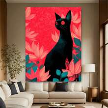 Enmarcado  plano 2D de 1 pieza: Elegante gato negro con ojos rojos sobre fondo rojo y verde vibrante - Lienzo decorativo con marco de , diseño moderno vintage, póster impreso de alta calidad para la decoración del hogar, oficina, sala de estar, dormitorio, cocina, baño,  para dormitorio | Arte moderno vintage | Lienzo envuelto, decoración de gatos - Enmarcado - Ver 4