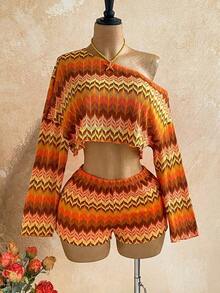 Casual 2-Piece Set Consisting Of A Cropped Top With An Irregular Neckline And Lettuce Hem, And Shorts, In A Solid Color, For Vacation, Spring/Summer - Orange - View 6