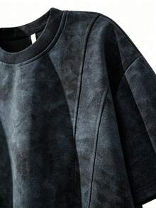 Black & Blue Tie-Dye Split Design T-Shirt, Vintage Distressed Texture, Loose Fit Streetwear Short Sleeve Tee, Summer - Black - View 9