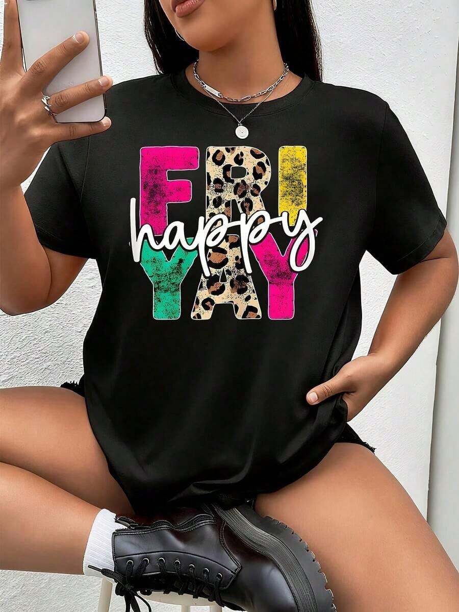 Cute And "Happy Friday" Teacher T-Shirt For Teachers, 1 Piece, Plus Size Women's T-Shirt, Fun Graphic Print Novelty T-Shirt, Polyester, Crew Neck, Casual Wear, 220g - 黑色 - 查看 1