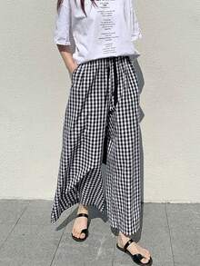 New Black And White Plaid High Waist Loose Drawstring Casual Pants For Women Spring Summer - Black and White - View 3