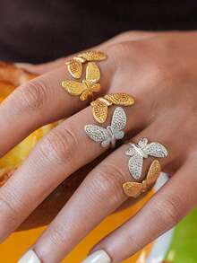 Uself Bộ 3 chiếc/1 chiếc nhẫn hở điều chỉnh được hình bướm tối giản bằng thép không gỉ, mạ vàng 18K, chống thấm nước, trang sức cao cấp, thích hợp cho kỳ nghỉ và các dịp khác, nhẫn nữ, trang sức nữ, thương hiệu nữ, phụ kiện nữ - Nhiều màu - Xem 4