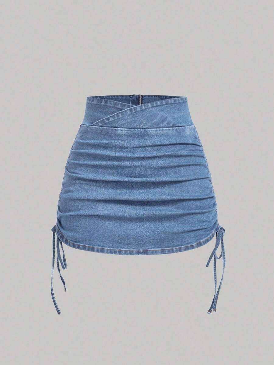 Falda vaquera casual de mujer con cremallera trasera y diseño fruncido lateral - Lavado ligero - Ver 1