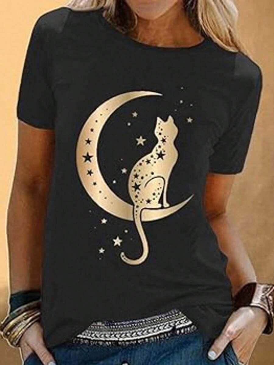 Camiseta de manga corta para mujer, cuello redondo, holgada, casual y versátil, nuevo estampado de chica anime, ideal como capa base, tejido suave con buena caídaPure-Cotton - Negro - Ver 1