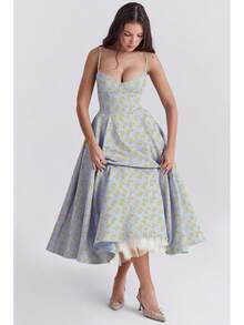 Sweetheart Neck Satin Midi Dress, Spaghetti Strap Flared Prom Dress With Pockets For Wedding & Formal Events - Blue Background With Small Yellow Flowers - View 1