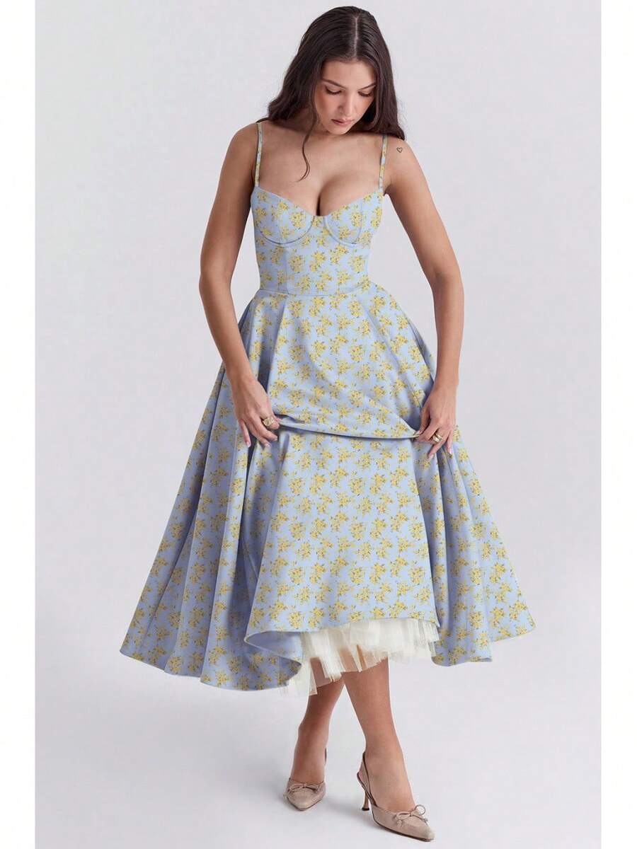 Sweetheart Neck Satin Midi Dress, Spaghetti Strap Flared Prom Dress With Pockets For Wedding & Formal Events - Blue Background With Small Yellow Flowers - View 1