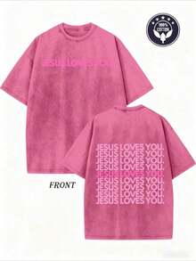 230GSM T-Shirt With Intense Wash Effect - Religious Print T-Shirt 'Jesus Loves You', Lettering In Pink, Green And Pink With Double-Sided Print - Christian Clothing, Unisex Crew Neck Top, Suitable For Church, Casual Wear, Ideal For Gifting - Y2K Soft And Machine Washable Crew Neck T-Shirt. - 藏蓝色 - 查看 10