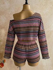 Conjunto de 2 piezas de top de manga larga con hombro asimétrico y degradado y shorts de moda para mujer - Multicolor 8 - Ver 2