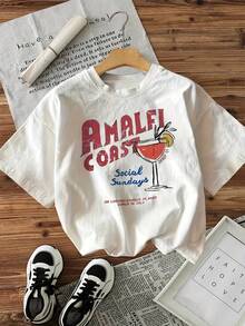 Camiseta con estampado gráfico, de manga corta y cuello redondo, top casual para verano y primavera, ropa de mujer - Blanco - Ver 2
