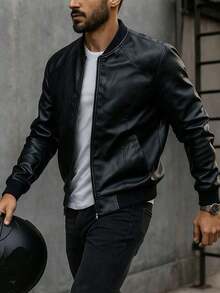 Men's Faux Leather Jacket, Valentine's Day Gift, Men's Bomber Jacket, Motorcycle Style, Retro Men's Leather Jacket, Suitable For Motorcycle Riding, Outdoor Activities, Suitable For Boyfriend, Husband, Professional Leather Jacket Design, Essential Men's Leather Jacket, Valentine's Day Gift, All-Season - 黑色 - 查看 2
