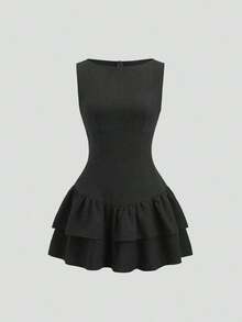 Sweetro Vestido mini de línea A con doble capa de volantes, sin mangas, en estilo vintage, romántico, elegante, juguetón, lindo, bohemio, para festivales de música, vacaciones, citas, trayectos y trabajo, apto para primavera/verano/otoño/invierno - Negro - Ver 1