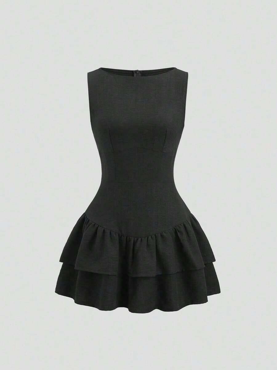 Sweetro Vestido mini de línea A con doble capa de volantes, sin mangas, en estilo vintage, romántico, elegante, juguetón, lindo, bohemio, para festivales de música, vacaciones, citas, trayectos y trabajo, apto para primavera/verano/otoño/invierno - Negro - Ver 1