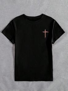 Camiseta de algodón 100% con cuello redondo, manga corta y estampado de perlas falsas, top casual de verano para mujer - Negro 2 - Ver 3