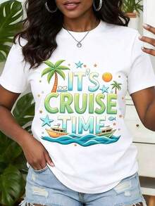 1 Pieza Moda Informal Para Hombres Y Mujeres Informal Cruze Barco Camiseta Con Es Cruze Tiempo Tropical Palma Árbol Y Barco Imprimir Ligero Camiseta Tripulación Cuello Corto Manga Tops Para Verano, Verano Vacaciones Ropa Adecuado Para Festival & Diario Versátil, fácil de combinar, adecuado para el uso diario, estilo urbano, conjuntos de vacaciones, conjuntos de fin de semana. - Blanco - Ver 6