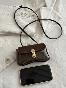 Women's Mini Shiny PU Crossbody Bag, Retro Curved Flap Design, Metal Lock Closure, Adjustable Strap, Fashionable For Daily And Party Wear - Coffee - View 4
