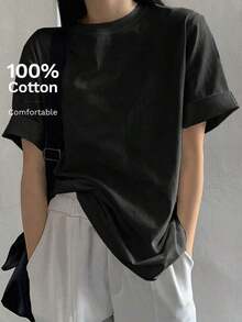 Camiseta de manga corta de ajuste holgado y cuello redondo de unicolor para verano, camiseta oversize - Multicolor - Ver 1