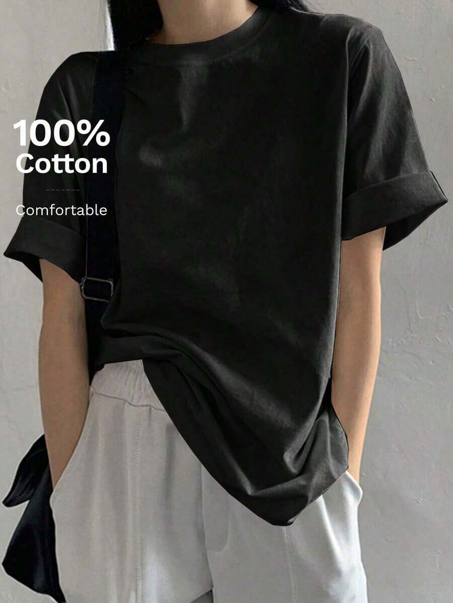 Camiseta de manga corta de ajuste holgado y cuello redondo de unicolor para verano, camiseta oversize - Multicolor - Ver 1