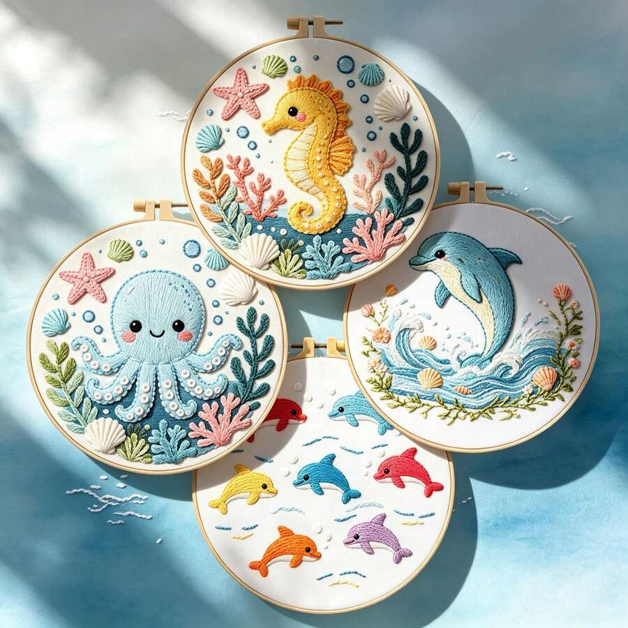 Ocean Animal Embroidery Kits, DIY Dolphin, Octopus, Seahorse Embroidery Set, Beginner Friendly Handmade Craft, Home Decor For Living Room & Bedroom
