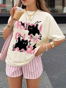 Women's 100% Cotton Shirt - Loose-Fitting, Casual Short-Sleeved T-Shirt With Print For Girls, Street-Style Summer Top. Lightweight, Breathable, Summer Best-Seller - 杏 - 查看 1