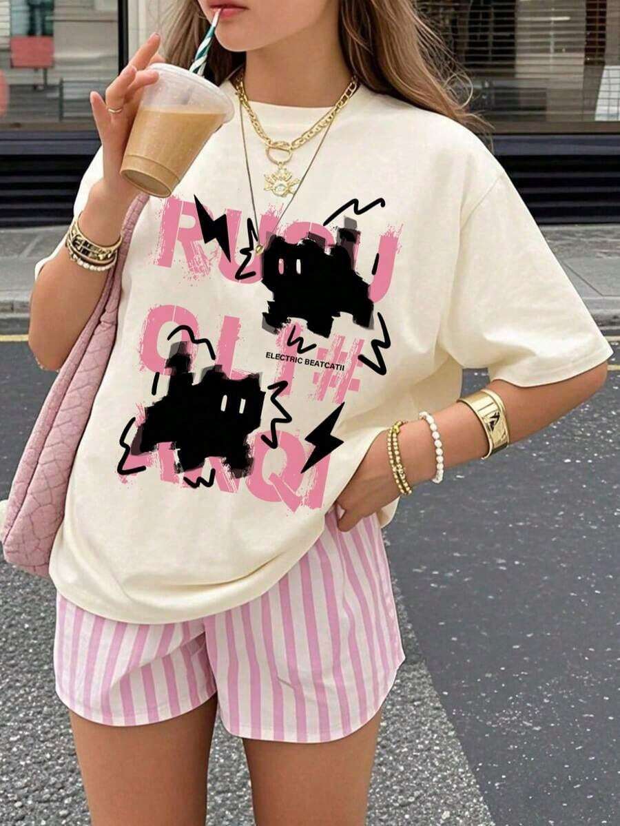 Women's 100% Cotton Shirt - Loose-Fitting, Casual Short-Sleeved T-Shirt With Print For Girls, Street-Style Summer Top. Lightweight, Breathable, Summer Best-Seller - 杏 - 查看 1