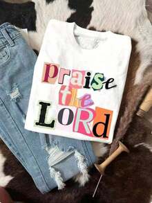 Fashionable Women's T-Shirts - Casual Graphic Print T-Shirt - Inspirational Message "Praise The LORD", Colorful Print, Soft Cotton Blend, Perfect For Casual Wear And Spiritual Expression - Everyday Wear - 白色 - 查看 7