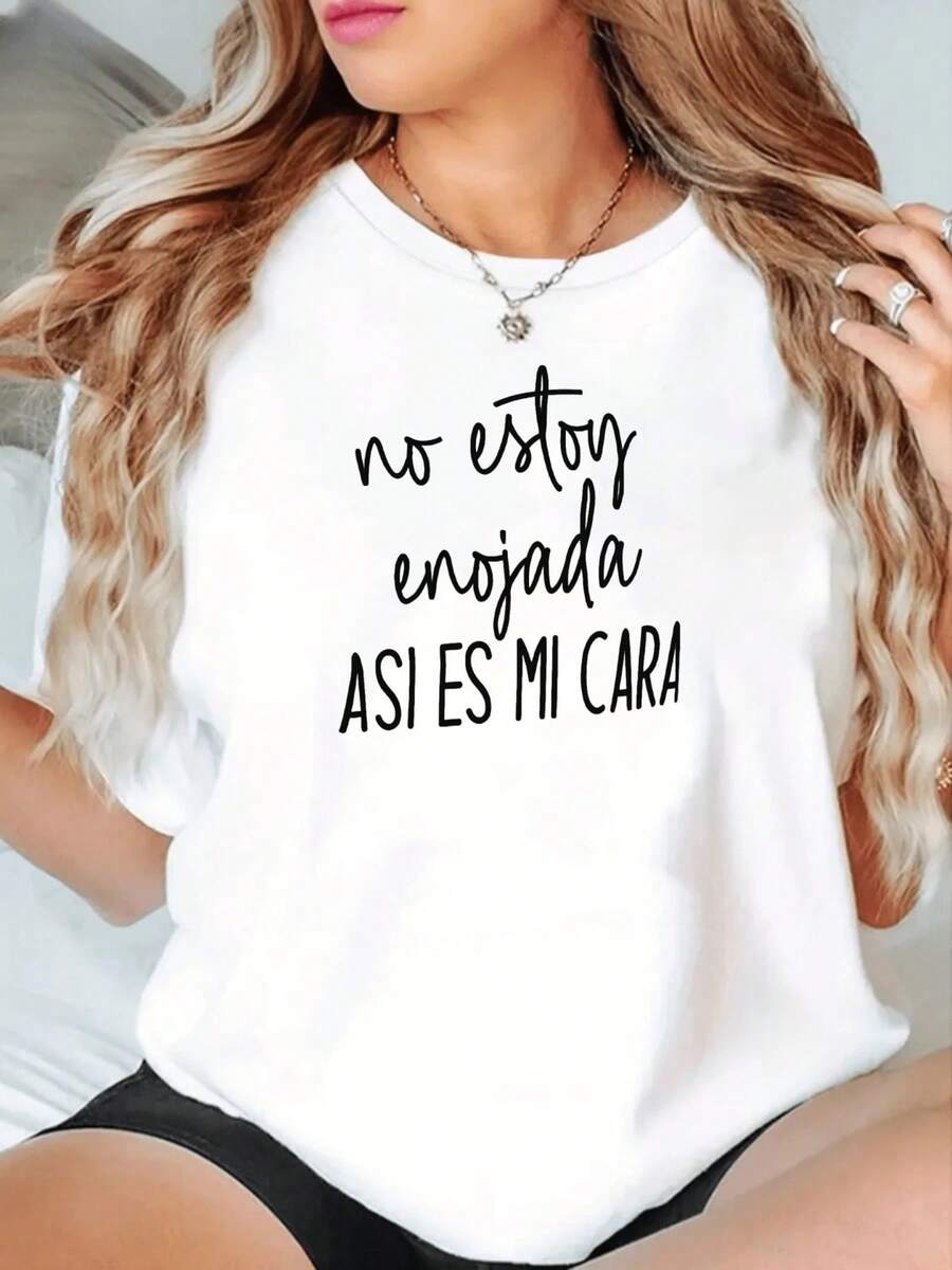 Women's T-Shirt, 100% Cotton, With The Phrase "I'm Not Angry, Look At My Face," Thick 220g Cotton T-Shirt For Women, Christmas Edition (1 Piece) BL72 - 白色 - 查看 1