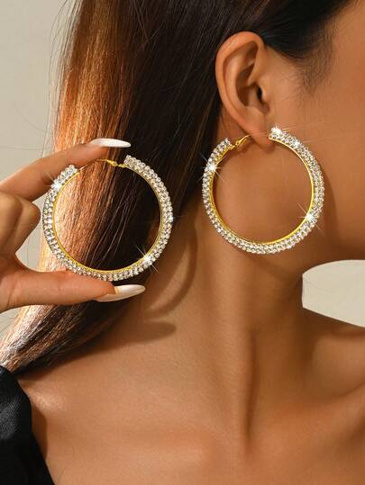 1 Pair Oversized Crystal Hoop Earrings, Double Row Rhinestone Embedded Open Hoops, Exaggerated Earrings For Women, Suitable For Brides, Cocktail Parties And Valentine's Day