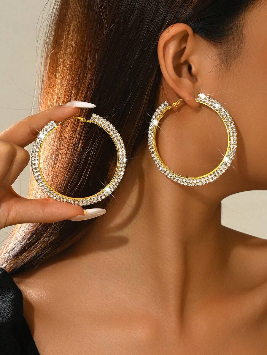 1 Pair Oversized Crystal Hoop Earrings, Double Row Rhinestone Embedded Open Hoops, Exaggerated Earrings For Women, Suitable For Brides, Cocktail Parties And Valentine's Day - Gold - View 1