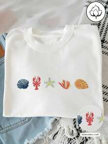 Y2K style,Fashionable styel,2026 newest,cute style,Causal style. Camiseta de mujer de manga corta con cuello redondo, bordado de estrella de mar y concha, casual de verano180g(S-XXXL) - Blanco 4 - Ver 5