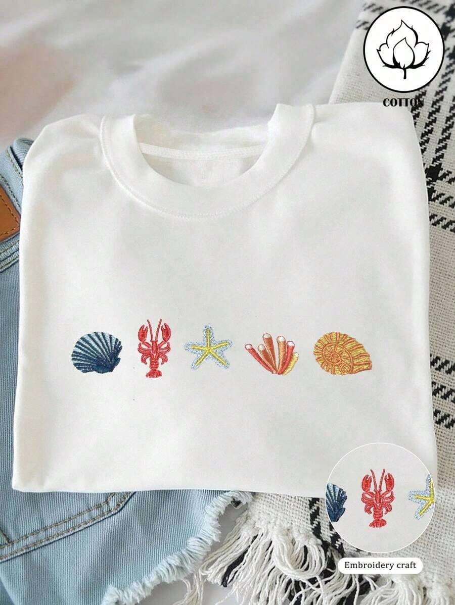 Women's Casual Printed T-Shirt, Short Sleeve And Round Neck, Local Urban Fashion Spring/Summer. Women's Blouses, Women's T-Shirts. 180g (S-XXXL) - 白色 4 - 查看 1