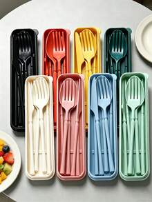 1 Set/8 Sets Portable Plastic Striped Cutlery Set, Camping Tableware, Reusable Spoon & Fork Set With Storage Box, Suitable For Picnics & Daily Use,Kitchen,Christmas Gift Back To School,School Supplies - Multicolor - View 8