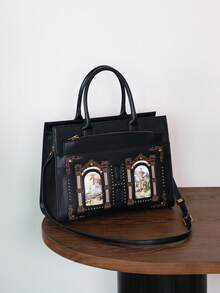 Niche Design High-End Embroidered Fairy Cat Large Capacity Women's Tote Bag, Luxury Cute Cat Bag, Chic Vintage Heavy-Duty Large Capacity Commuter Shoulder Crossbody Bag PU - Multicolor - View 13