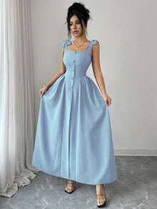 Nuevo vestido largo elegante y versátil para mujeres con textura de tiras y tejido bicolor ajustado para uso diario - Celeste - Ver 4