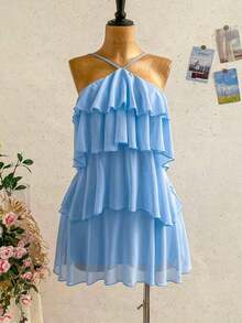 Nuevo vestido elegante y romántico para invitados de boda, de unicolor, con espalda descubierta, multicapa con volantes de gasa, minivestido, adecuado para estilo bohemio, boho, flores románticas, vacaciones, fiestas florales, citas, San Valentín, - Celeste - Ver 4