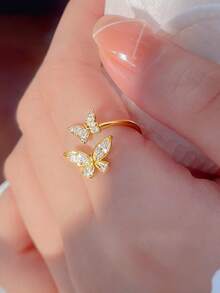1pc Butterfly Design Micro Inlay Rhinestone Advanced Sense Ring With Adjustable Opening For Women - Gold - View 7