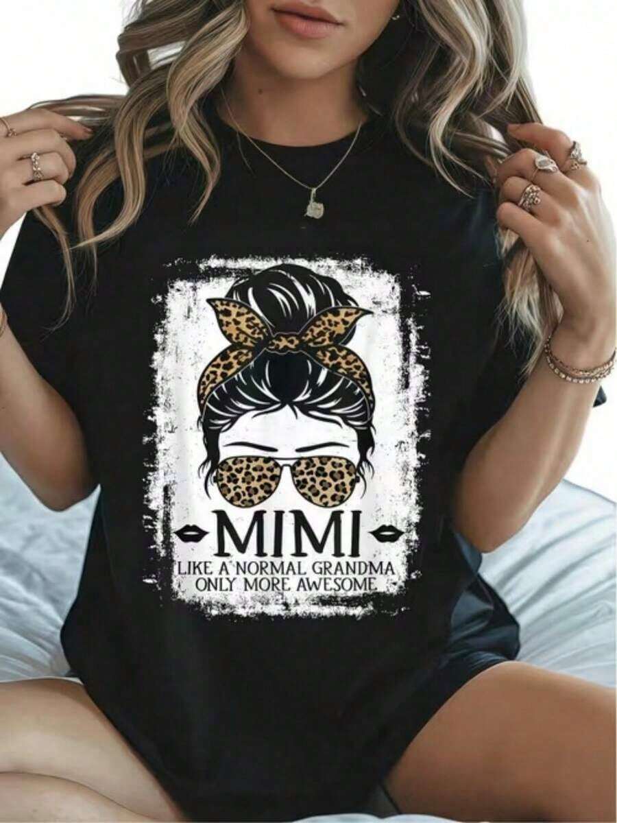 Women's Plus Size Fashion Clothing, Mimi Leopard Print, Granny Style Design, Casual Short Sleeve Printed Top, Casual Daily Sporty Vacation Outfit, Round Neck, 100% Cotton, Soft Fabric, Short Sleeve - 黑色 - 查看 1