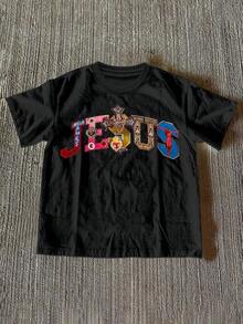 1 pieza de camiseta de cuello redondo para mujer  con estampado gráfico de cruz y Jesús, multicolor, 180g, 100% algodón. - Negro - Ver 11
