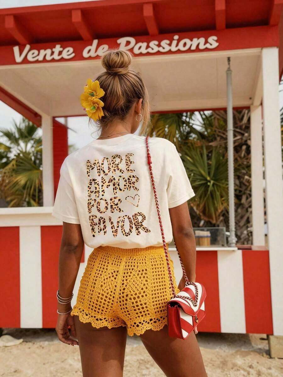 Camiseta de mujer, camiseta gráfica de manga corta de estilo casual de calle, linda blusa de verano - Albaricoque 4 - Ver 1