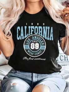 Nueva camiseta de mujer 2025 otoño-invierno, de manga corta con cuello redondo, 100% algodón, holgada, de estilo casual y versátil con estampado moderno, ideal como prenda básica. - Negro 5 - Ver 2