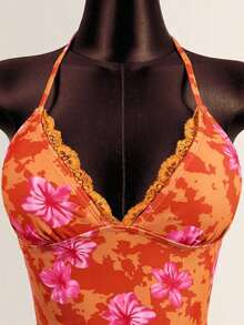 Conjunto de bikini de dos piezas con estampado floral tropical, parte superior tipo bandeau con tirantes atados y detalles de encaje para mujer, ideal para vacaciones de verano y playa - Multicolor - Ver 5