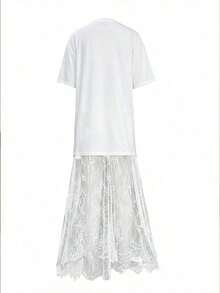 Vestido casual de mujer con parches de encaje de manga corta (sin cinturón), vestido de punto de unicolor con parches de encaje para uso diario, oficina, citas, la longitud y el tamaño se pueden ajustar con un cinturón, el estilo casual es holgado, se sugiere pedir una talla menos.Elegante - Blanco - Ver 7