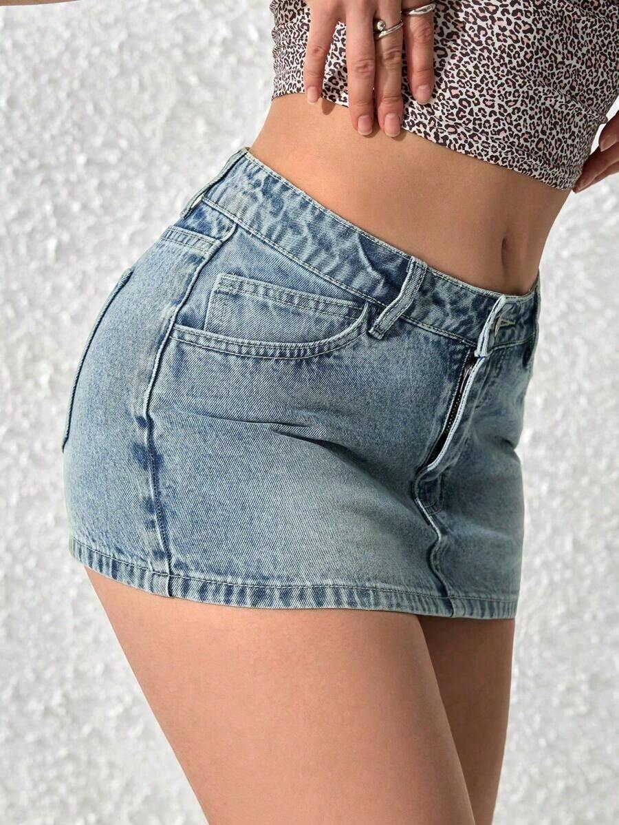 Falda vaquera corta casual de mujer con decoración de bolsillo y silueta ajustada - Azul 4 - Ver 1