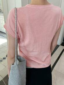 夏季韓系純色極簡基本修身百搭鈕扣V領休閒短袖針織上衣女款 - 粉色 - 查看 3