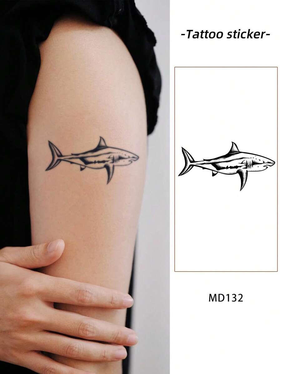1pc Waterproof & Smudge-Proof Temporary Tattoo, PVC Fake Shark Tattoo Sticker For Daily Use - Black - View 1