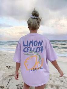 Women's Short-Sleeved T-Shirt With Round Neck And Lemon Print, Casual Holiday Style, Fashionable Summer T-Shirt, Everyday Wear, White Color. - 紫色 - 查看 6